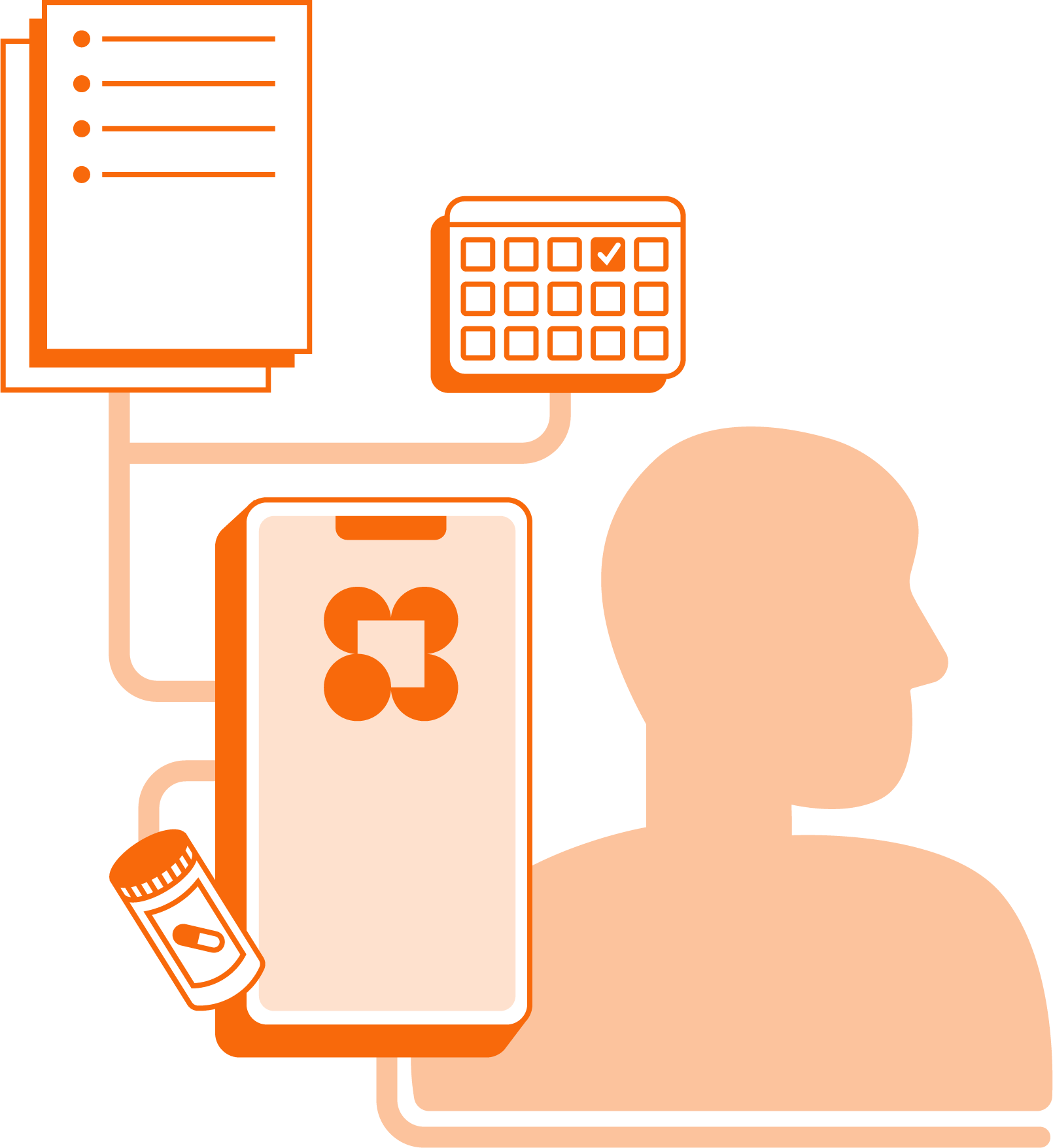 A person surrounded by their organized health records, calendar, and medications on a phone